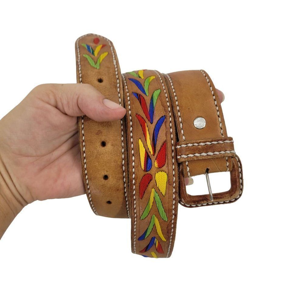 Vintage 70s Leather Belt Artisan M/L 37" Tan Rainbow Embroidered Parrot Western